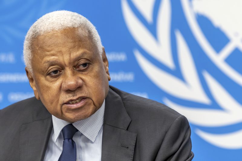 Mohamed Chande Othman, chair of the of the United Nations Fact-Finding Mission, presents its first investigative report to the media during a press conference at the European headquarters of the United Nations in Geneva, Switzerland, Friday, Sept. 6, 2024. (Salvatore Di Nolfi/Keystone via AP)