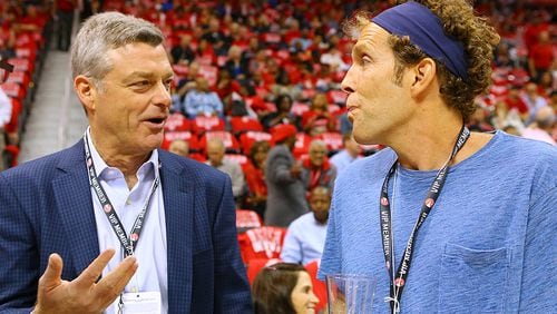 Prospective Hawks owners Tony Ressler (left) and Jesse Itzler are on hand to watch the Hawks play the Nets in Game 5 of their first round playoff matchup on Wednesday, April 29, 2015, in Atlanta.
