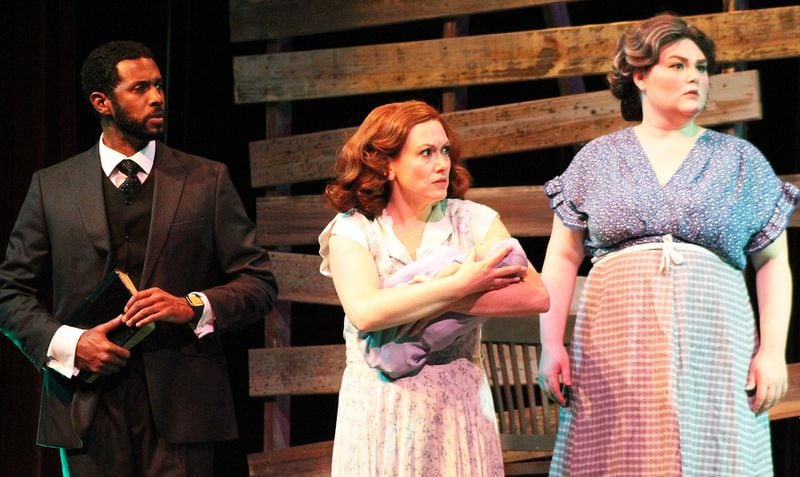 Returning from the pandemic, Georgia Ensemble lost its lease in Roswell and had to hurriedly move the Appalachian folk musical “Bright Star” to Cobb County's Jenny T. Anderson Theatre. Fenner Eaddy (from left), Liza Jaine and Tabitha Cheyenne were in the cast.
Courtesy of Georgia Ensemble Theatre/Mary Saville