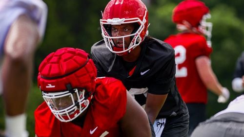 Georgia quarterback Jaden Rashada takes a snap during the practice session in Athens, Ga., on Thursday, Aug. 1, 2024. (Photos by Conor Dillon/UGA Athletic Association) 