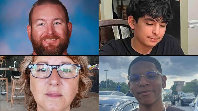 Teachers Richard Aspinwall and Christina Irimie and 14-year-old students Christian Angulo (top right) and Mason Schermerhorn were killed in a shooting at Apalachee High School on Wednesday.