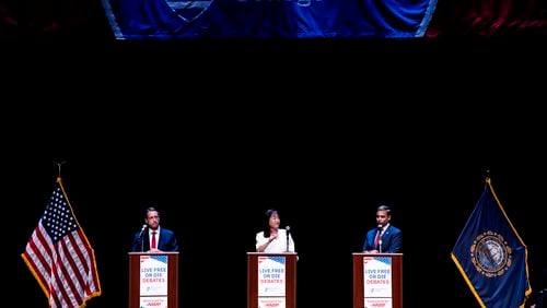 Republican candidates William Hamlen, from left, Lily Tang Williams and Vikram Mansharamani at the 2nd Congressional District Primary Debate at the Rosamond Page Putnam Center for the Performing Arts on the campus of New England College Wednesday , Sept. 4, 2024, in Henniker, N.H. The candidates are hoping to replace U.S. Rep. Annie Kuster who is not running for reelection. (Geoff Forester/The Concord Monitor via AP)