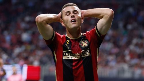 Atlanta United defender Brooks Lennon (11) reacts after missing a play during the first half against Inter Miami at Mercedes-Benz Stadium on Wednesday, September 18, 2024, in Atlanta. The teams tied 2-2. 
(Miguel Martinez/ AJC)