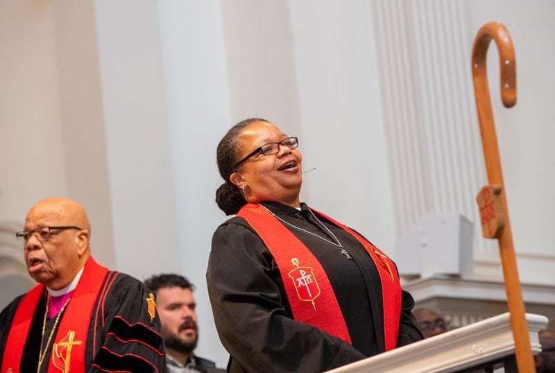 Bishop Robin Dease was installed as leader of the North Georgia Conference United Methodist Church on Sunday, Jan 8, 2023.  (Jenni Girtman for the Atlanta Journal-Constitution)