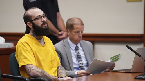 Nicholas Umphenour, 29, appears on court where was sentenced to life in prison, Friday, Oct. 4, 2024, at the Ada County Courthouse in Boise, Idaho, for helping a prison inmate escape by ambushing and shooting correctional officers at a Boise hospital. (Ali Al Saedi/KTVB via AP, Pool)