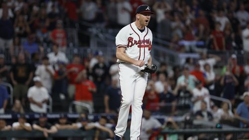 Braves relief pitcher Michael Tonkin (51) reacts after striking out the last Rockies batter at Truist Park. Braves defeated the Colorado Rockies 8-3. Miguel Martinez / miguel.martinezjimenez@ajc.com 