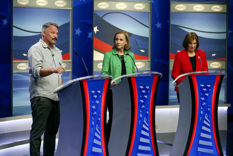 Democratic candidates For New Hampshire governor Restaurant owner Jon Kiper, left, Former Manchester Mayor Joyce Craig, center, and Executive Councilor Cinde Warmington debate, Wednesday, Sept. 4, 2024, in Manchester, N.H. (Derek Stokely/WMUR-TV via AP)