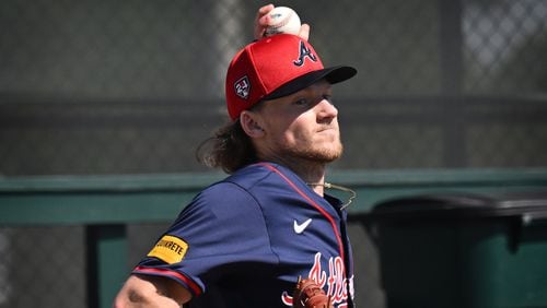 Braves pitcher Hayden Harris throws in the bullpen during spring training baseball workouts at CoolToday Park, Thursday, Feb., 15, 2024, in North Port, Florida. (Hyosub Shin / Hyosub.Shin@ajc.com)