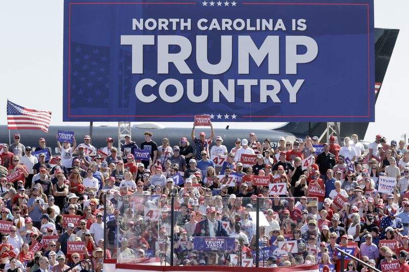 Republican presidential nominee former President Donald Trump speaks at a campaign rally at Wilmington International Airport in Wilmington, N.C., Saturday, Sept. 21, 2024. (AP Photo/Chris Seward)