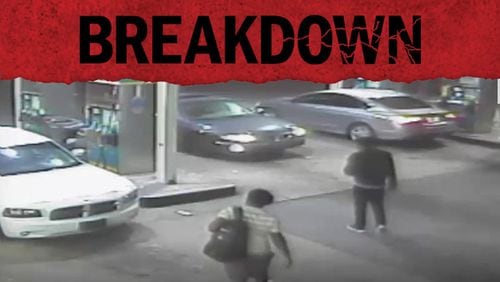 Surveillance video captures two men as the approach a Pontiac Bonneville at a Valero station in northwest Atlanta in April 2016. The man on the right was Quincy Wytche, who would be shot dead a few minutes later. On the left, police say, is Nicholas Benton, who was later charged with killing Wytche and a second man.