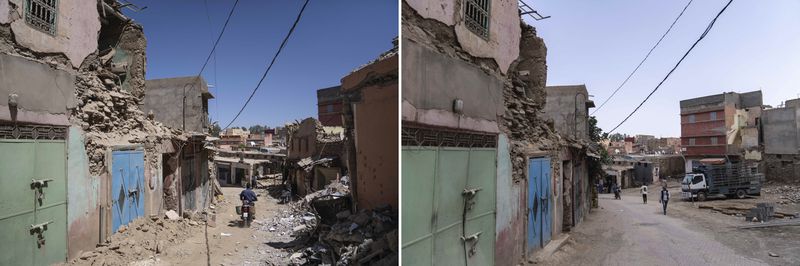 In this combination of photos, a man drives past damage from an earthquake in the town of Amizmiz, Morocco, near Marrakech, Sept. 10, 2023 and people walking down the same street on Sept. 4, 2024. (AP Photo/Mosa'ab Elshamy)