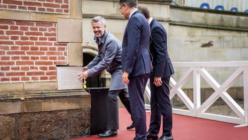 Denmark's King Frederik X lays the foundation stone for the reconstruction of the Stock Exchange in Copenhagen, Thursday, Sept. 26, 2024. (Ida Marie Odgaard/Ritzau Scanpix via AP)