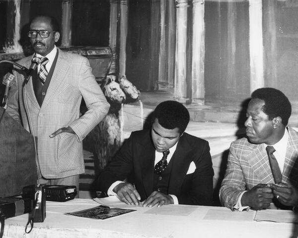 Georgia Senator Leroy Johnson (left), boxer Muhammad Ali, and baseball great Hank Aaron, Atlanta, Georgia, 1970. Charles R. Pugh Jr.