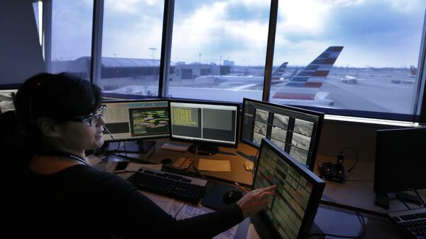 Los Angeles International Airport  Airline Operation Control Center worker Anna Franco, senior tower operations agent, works to make sure American Airlines Flight 2381 to Orlando Fla. gets to the runway safely at Los Angeles International Airport. (Allen J. Schaben/Los Angeles Times/TNS)