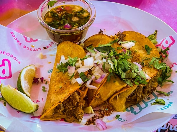 You can get a trio of tacos at Pretty Little Tacos in Atlanta's Reynoldstown neighborhood. Henri Hollis/henri.hollis@ajc.com