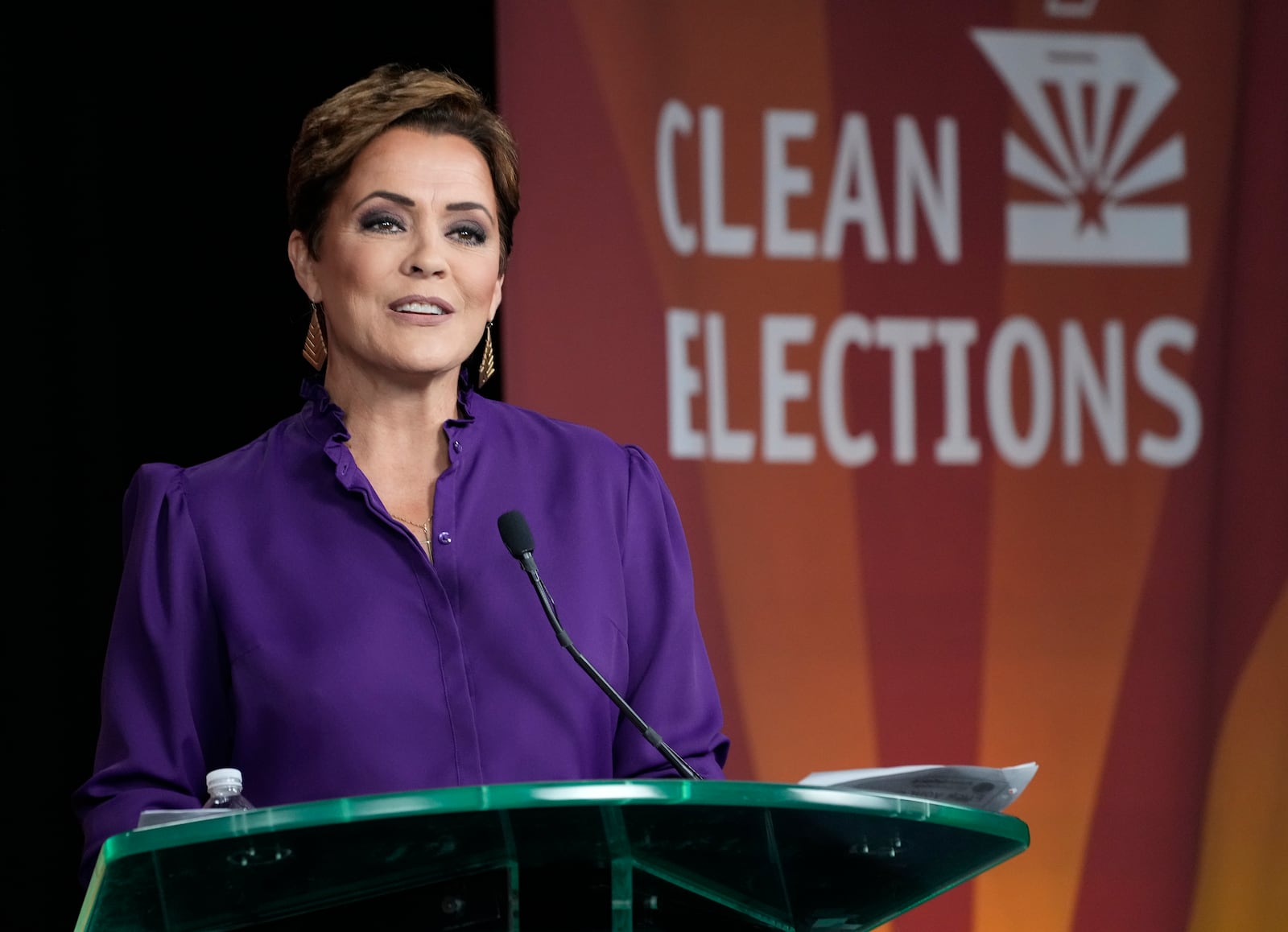 U.S. Senate Republican candidate Kari Lake speaks during a debate with U.S. Rep. Ruben Gallego, D-Ariz., Wednesday, Oct. 9, 2024, in Phoenix. (Cheryl Evans/Arizona Republic via AP)