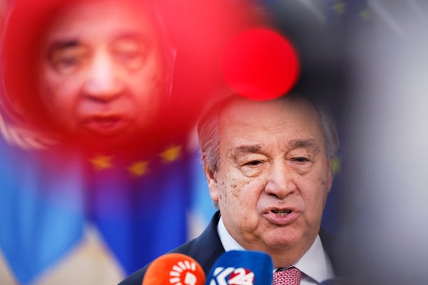 United Nations Secretary General Antonio Guterres is seen through the viewfinder of a television camera as he speaks with the media during an EU summit in Brussels, Thursday, March 20, 2025. (AP Photo/Geert Vanden Wijngaert)