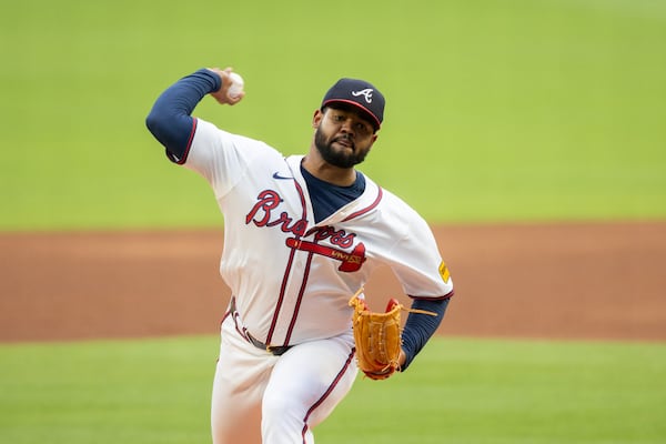 The Braves’ Reynaldo Lopez pitches to a Rockies batter during the first inning at Truist Park in Atlanta on Thursday, Sept. 5, 2024. (Arvin Temkar / AJC)