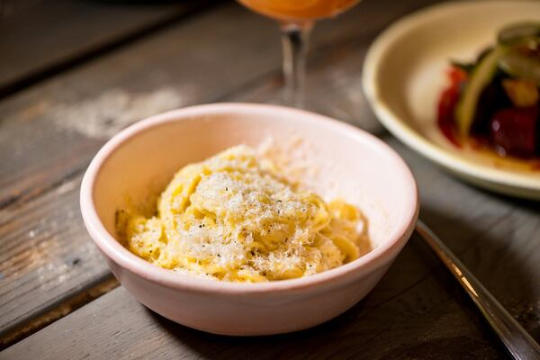 Spaghetti alla Chitarra with Cacio E Pepe, lemon oil, and parmesan. Photo credit- Mia Yakel.