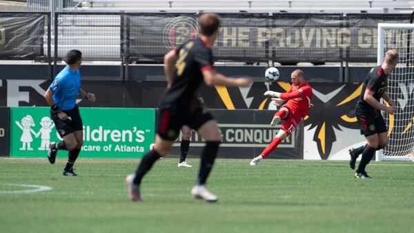 Memphis 901 FC goalkeeper John Berner clears the ball during a USL match against Atlanta United 2 Sunday, May 23, 2021, at Fifth-Third Bank Stadium in Kennesaw. (Dakota Williams/Atlanta United)