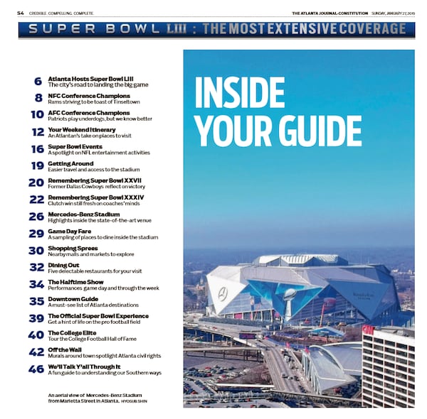 Inside Your Guide: Table of Contents for the AJC Ultimate Guide to the Super Bowl