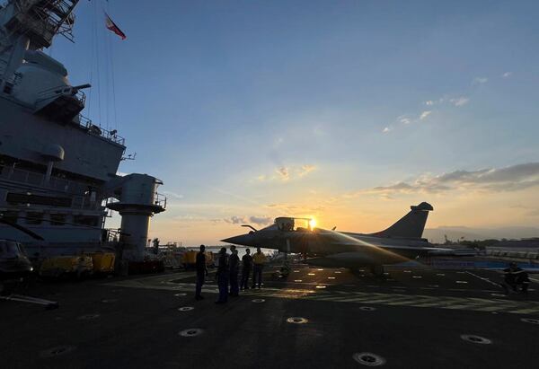 A view of a jet on flight deck, abroad aircraft carrier, Charles de Gaulle at Subic Bay, a former U.S. Naval base, northwest of Manila, Philippines, Sunday, Feb. 23, 2025. (AP Photo/Jim Gomez)