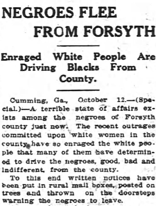 A newspaper article from the Atlanta Constitution “Negroes Flee from Forsyth,” appears in the paper on  October 13, 1912.