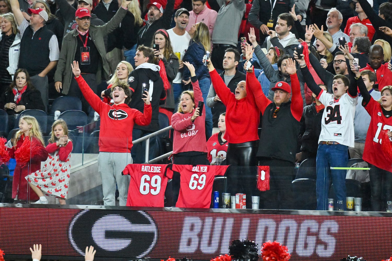 Georgia Bulldogs fans react against the TCU Horned Frogs during the second half of the College Football Playoff National Championship at SoFi Stadium in Los Angeles on Monday, January 9, 2023. Georgia won 65-7 and secured a back-to-back championship. (Hyosub Shin / Hyosub.Shin@ajc.com)