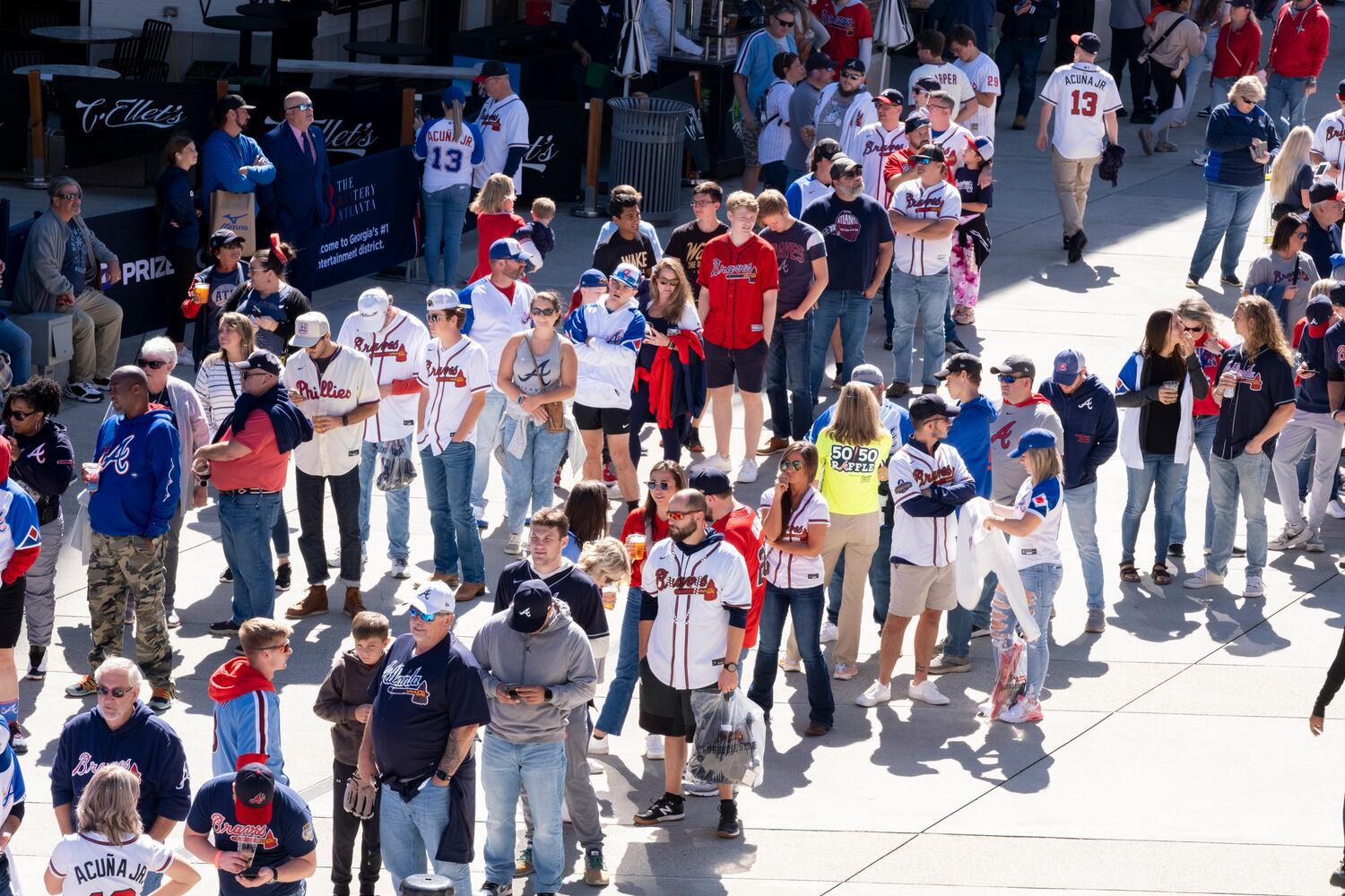 Braves fans line up and wait for the gates to open  before game one of the National League Division Series against the Phillies at Truist Park in Atlanta on Saturday, Oct. 7, 2023. (Ben Gray / Ben@BenGray.com)