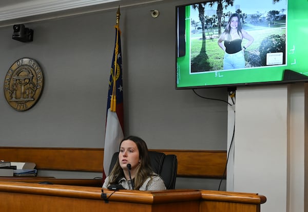 Lilly Steiner, roommate of Laken Riley, testifies on the witness stand during a trial of Jose Ibarra at Athens-Clarke County Superior Court, Friday, November 15, 2024, in Athens. Jose Ibarra was charged in the February killing of Laken Hope Riley, whose body was found on the University of Georgia campus. (Hyosub Shin / AJC)