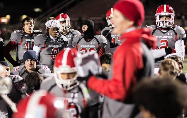 Allatoona High School head coach Gary Varner talks with his players. (Branden Camp/Special to AJC)