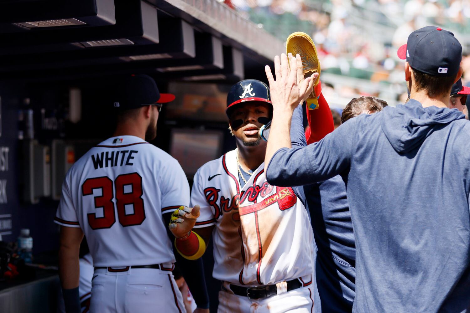 Braves right fielder Ronald Acuña celebrates a run with teammates during the sixth inning against the Astros at Truist Park on Sunday, April 23, 2023, in Atlanta. 
Miguel Martinez / miguel.martinezjimenez@ajc.com 