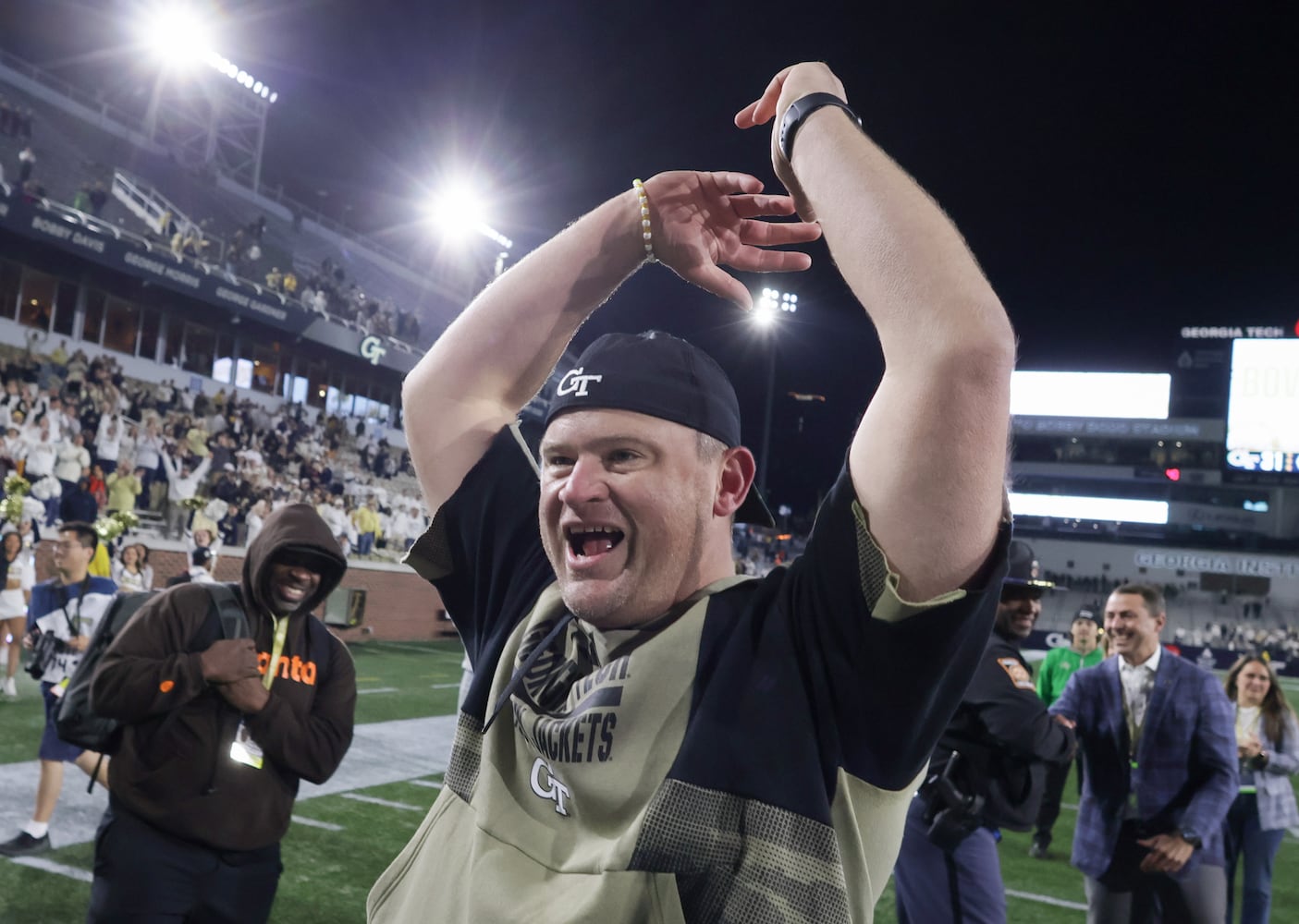 Georgia Tech Yellow Jackets head coach Brent Key celebrates after beating Syracuse, 31-22, in Atlanta on Saturday, Nov. 18, 2023.  (Bob Andres for the Atlanta Journal Constitution)