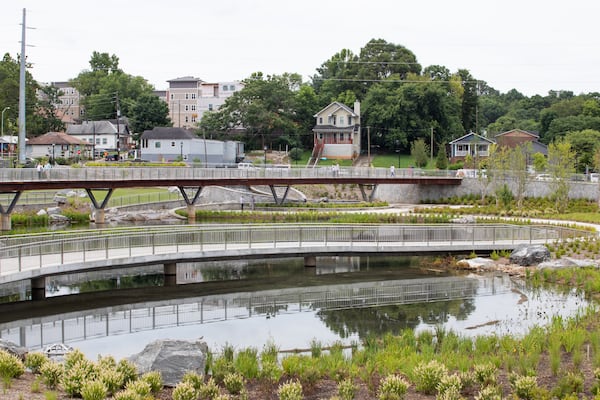 Homes are seen across the road at Rodney Cook Sr. Park in Vine City in Atlanta on Wednesday, June 7, 2021. (Photo/ Jenn Finch for The Atlanta Journal-Constitution)