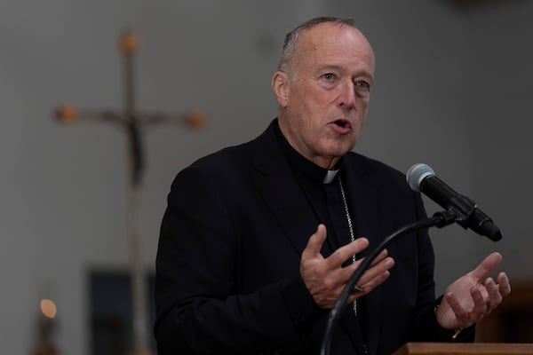 Cardinal Robert McElroy of San Diego, who was named in January as the archbishop of Washington, D.C. by Pope Francis, speaks during a news conference Thursday, Feb. 27, 2025, in San Diego. (AP Photo/Gregory Bull)