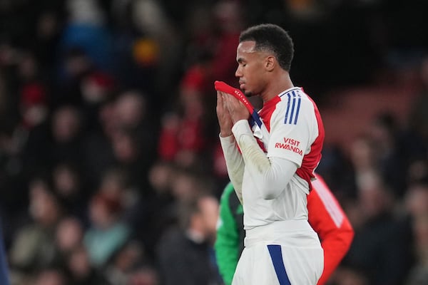 Arsenal's Gabriel reacts after the English Premier League soccer match between Arsenal and Everton at Emirates Stadium in London, Saturday, Dec. 14, 2024. (AP Photo/Kin Cheung)