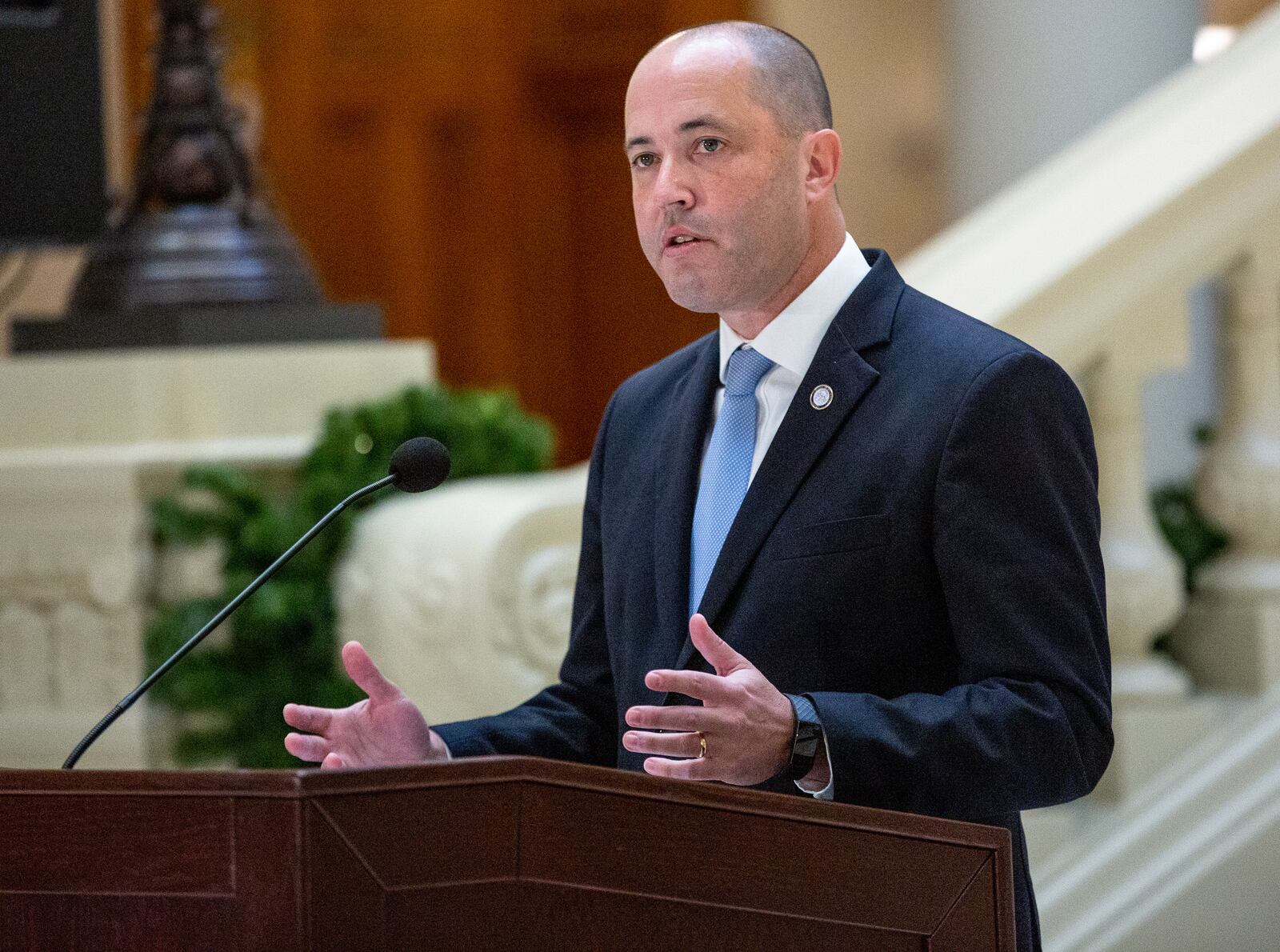 Georgia Attorney General Chris Carr speaks at a press conference at the state Capitol on November 24, 2020.   STEVE SCHAEFER / SPECIAL TO THE AJC 