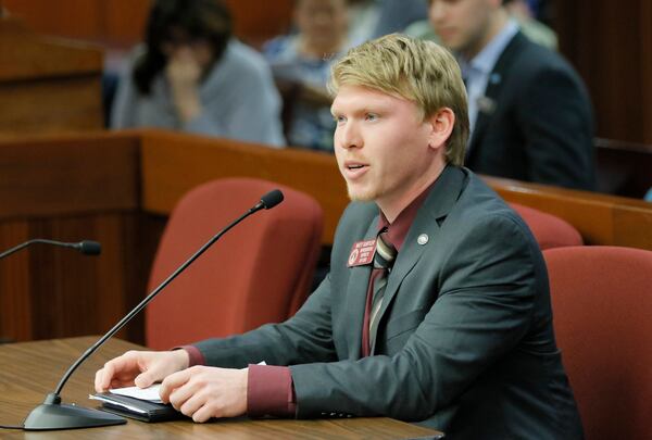 Feb. 15 2017 - Atlanta - Rep. Matt Gurtler, R - Tiger, presents HB 156 to a subcommittee of the Public Safety & Homeland Security Committee. The bill would revise provisions of law regarding the use or possession of any handgun in a park, historic site, or recreational area.  BOB ANDRES  /BANDRES@AJC.COM