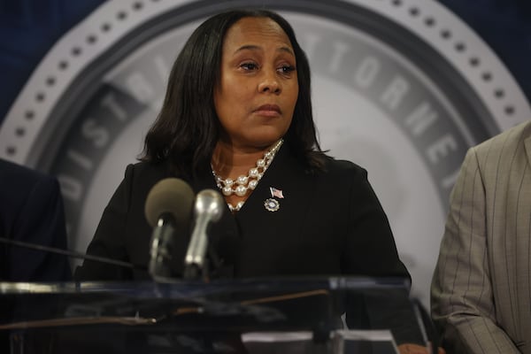 Atlanta District Attorney Fani Willis answers questions for the media after the indictment of former President Trump and 18 others at Fulton County Courthouse on Aug. 14, 2023, in Atlanta. (Michael Blackshire/The Atlanta Journal-Constitution/TNS)