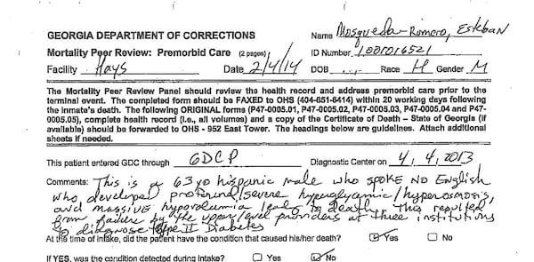 In a statement for a state mortality review panel, Dr. Monica Hill acknowledged that inmate Esteban Mosqueda-Romero died because she and other physicians in the state prison system failed to diagnose his diabetes. Mosqueda-Romero’s blood sugar when he entered the prison system was outside the normal range, but there was no follow-up to see if he had diabetes. He died nine months later due to diabetic ketoacidosis.