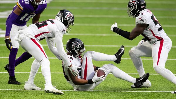 Atlanta Falcons cornerback A.J. Terrell (24) secured his first career interception - a pass intended for Minnesota Vikings wide receiver Justin Jefferson (18) - in the second quarter Sunday, Oct. 18, 2020, in Minneapolis. (David Berding/AP)