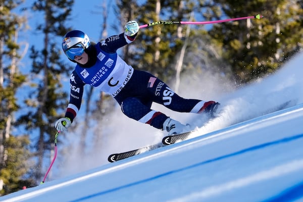 Forerunner Lindsey Vonn, of the United States, skis down the course before the training runs at the women's World Cup downhill race, Thursday, Dec. 12, 2024, in Beaver Creek, Colo. (AP Photo/Robert F. Bukaty)