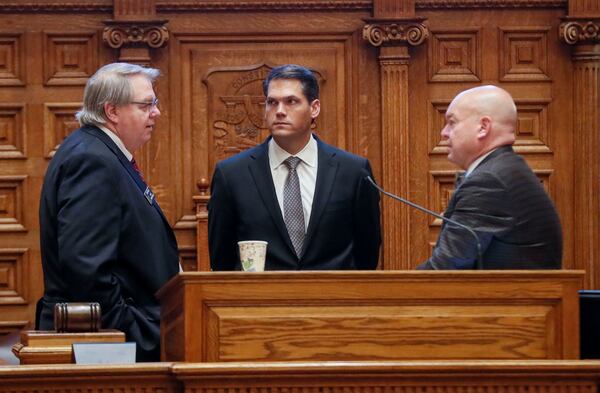 From left: Minority Leader Steve Henson, D-Stone Mountain, Lt. Gov. Geoff Duncan, and Majority Leader Mike Dugan, R-Carrollton during a coronavirus-related special session of the Georgia Legislature on March 16, 2020.  (BOB ANDRES / robert.andres@ajc.com)