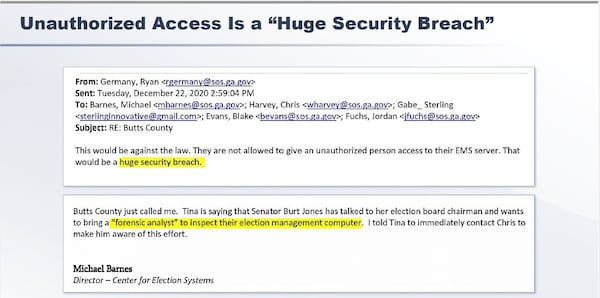 Emails among Georgia election officials indicate that Lt. Gov. Burt Jones, who was a state senator at the time, sought an inspection of election computers in Butts County in December 2020. The emails were shown in this presentation by plaintiffs during closing arguments of an election security trial Thursday, Feb. 2, 2024.