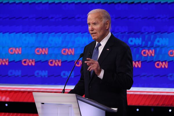 President Joe Biden speaks during a debate with former President Donald Trump at CNN on Thursday, June 27, 2024, in Atlanta. (Jason Getz / AJC)
