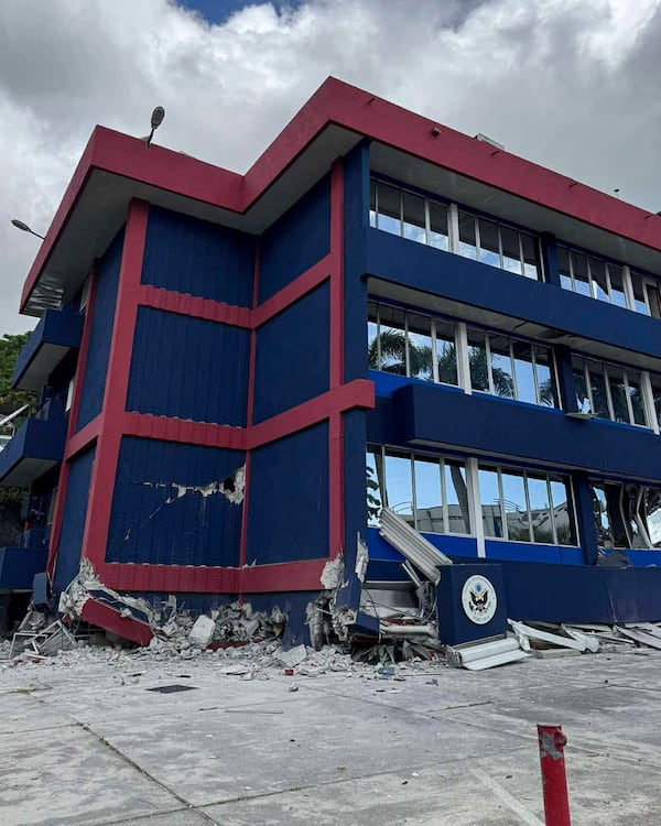 A building was damaged in Port Vila, Vanuatu following a strong earthquake on Tuesday, December 17, 2024. (Tim Cutler via AP)