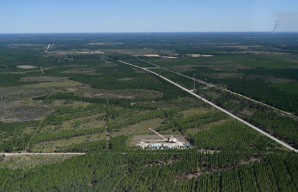 Aerial photograph shows the Twin Pines mine site with equipment stationed on Tuesday, Mar. 19, 2024, in Charlton County. The site is located less than 3 miles from the Okefenokee National Wildlife Refuge, the largest U.S. refuge east of the Mississippi River. (Hyosub Shin / Hyosub.Shin@ajc.com)