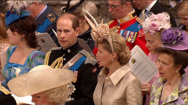 At William and Kate’s wedding in 2011, the Queen’s youngest son, Prince Edward, looked wary sandwiched between the fascinators worn by his niece, Princess Eugenie, and his wife, Sophie Rhys-Jones, Countess of Wessex.