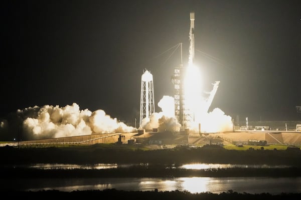 A SpaceX Falcon 9 rocket with Intuitive Machines' second lunar lander lifts off from pad 39A at the Kennedy Space Center in Cape Canaveral, Fla., Wednesday, Feb. 26, 2025. (AP Photo/John Raoux)