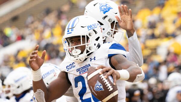 Marcus Carroll ran for a person-best 163 yards and tied a school record with three touchdowns in Georgia States' 42-14 win over Southern Miss on Nov. 5, 2022 in Hattiesburg, Miss. (Photo by Jett Parker/Georgia State Athletics)